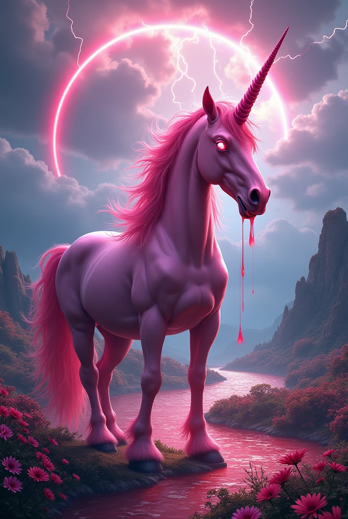 Pink unicorn with big horns red eyes mouth with red water running down the river with sky with lightning and rainbow beautiful landscape with flowers