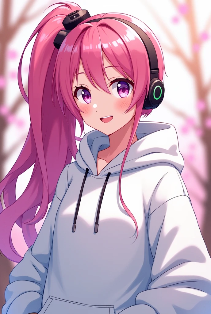Long Hair, High resolution, Pink Hair, chest, smile, Hood worn, Interface Headset, Diagonal bangs, Side Ponytail, Anime Style, Oversized,White hoodie,Shorts