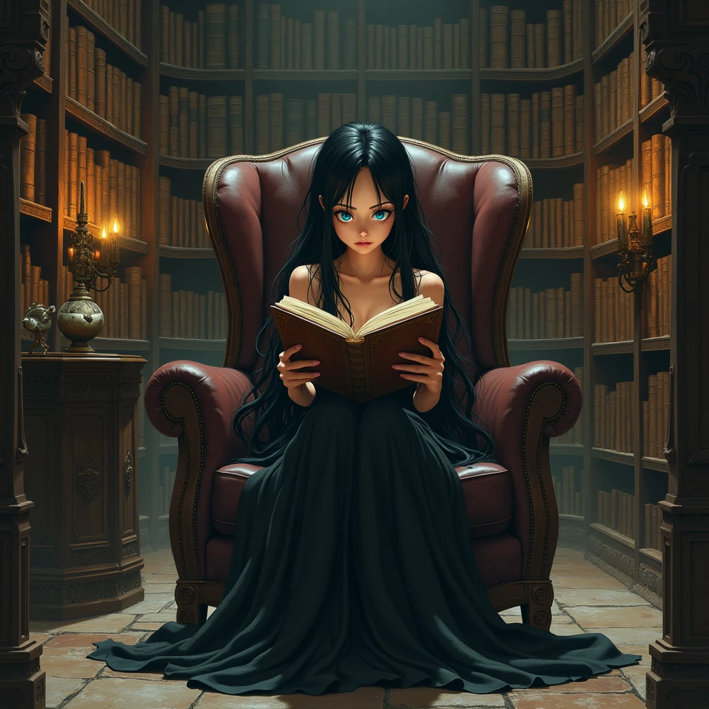 Create an image of the character Nico Robin from One Piece, she is in an old library reading a mysterious book