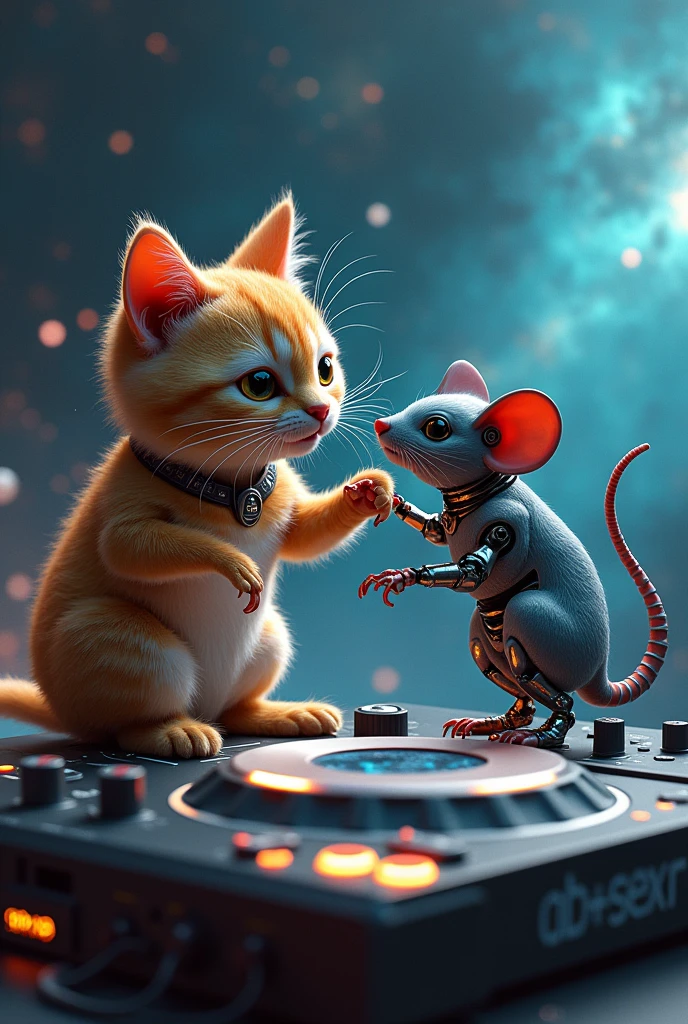 A broken cat and a robot mouse playing on a CDJ with a galactic background