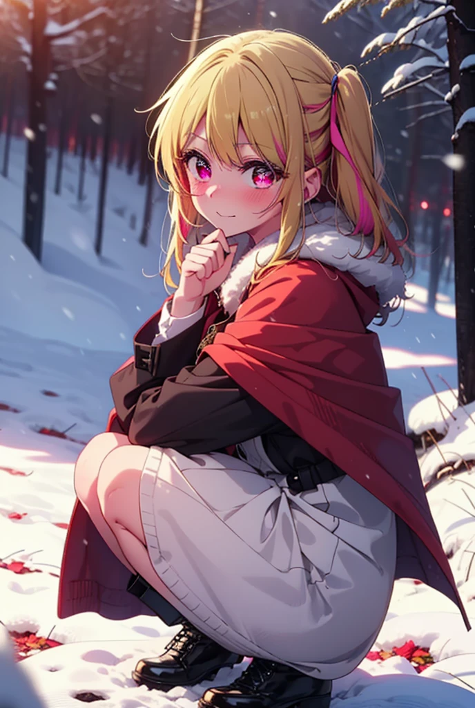 rubyhoshino, Hoshino Ruby, Long Hair, bangs, blonde, (Pink Eyes:1.3), Side Lock, (Symbol-shaped pupil:1.5), Multicolored Hair, Two-tone hair, smile,,smile,blush,white breath,
Open your mouth,snow,Ground bonfire, Outdoor, boots, snowing, From the side, wood, suitcase, Cape, Blurred, , forest, White handbag, nature,  Squat, Mouth closed, Cape, winter, Written boundary depth, Black shoes, red Cape break looking at viewer, Upper Body, whole body, break Outdoor, forest, nature, break (masterpiece:1.2), Highest quality, High resolution, unity 8k wallpaper, (shape:0.8), (Beautiful and beautiful eyes:1.6), Highly detailed face, Perfect lighting, Extremely detailed CG, (Perfect hands, Perfect Anatomy),