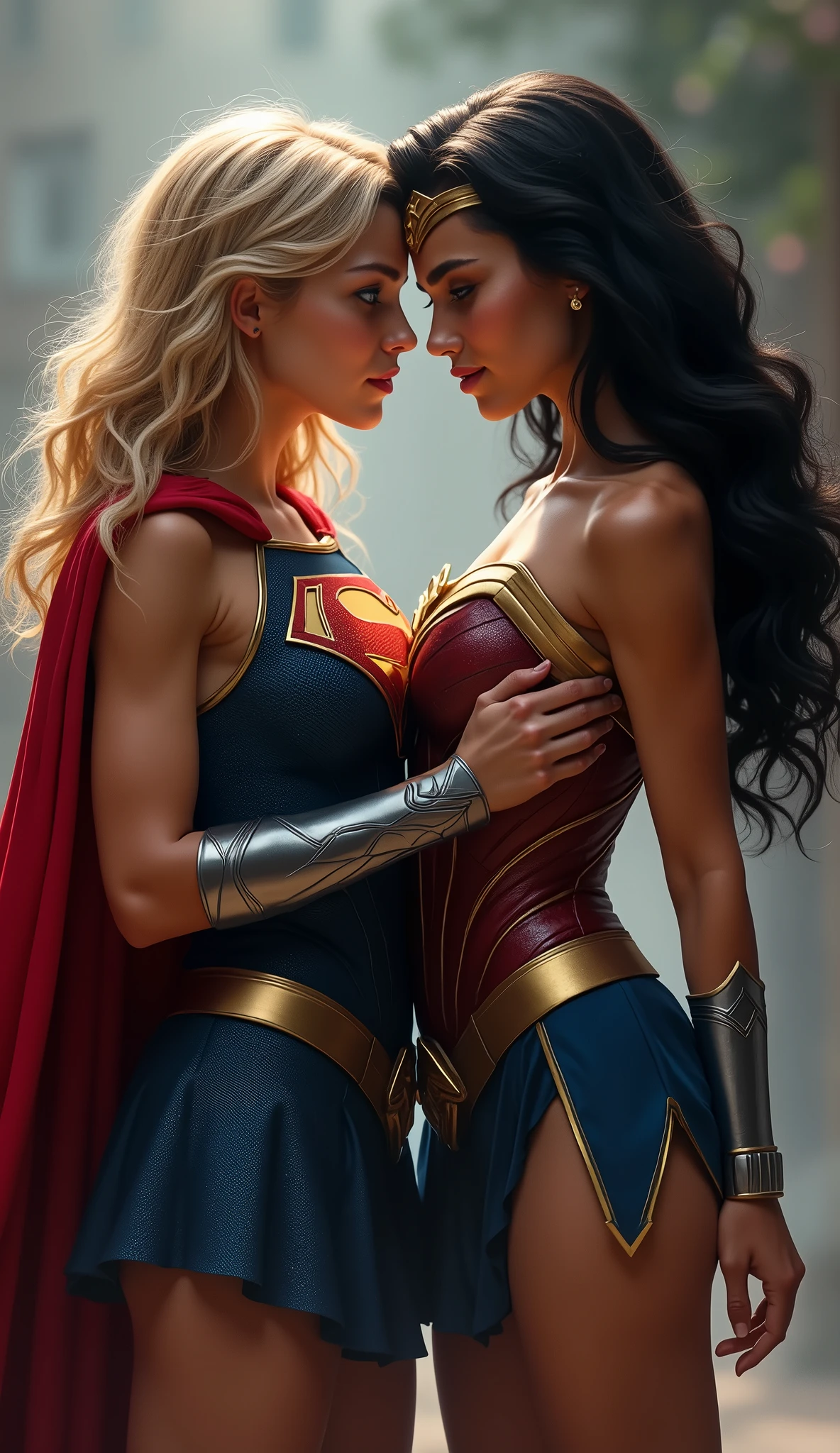 A very beautiful blonde Supergirl and a very beautiful brunette Wonder Woman are embracing each other。、Looking into the camera, whole body, Looking into the camera, Looking at the camera with teary eyes
