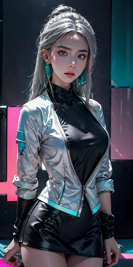 (table top, best quality, night:1.4), (cowboy shot, silver hair:1.9), 8k, absurd, Beautiful girl, (wearable computer:1.4), cyberpunk, Cybergoth, (cyberpunk outfit, fluorescent pink accents, Shining pink line on a short jacket:1.5), neon, bracelets and chokers, (Blazing, glow, film grain, chromatic aberration:2), (Asian shopping district, distance, building, skyscraper:1.2), assembly, (turquoise earrings:1.3), sharp focus, dark background, aspect, depth of field, (very small mechanical device, rain, nffsw, face lighting, sharp focus, dynamic lighting, movie lights, professional shadow, very detailed, in detail, real skin:0.8), (detailed eyes, sharp eyes, realistic student, dark background:0.6), (glitch effect:0.8)、mini skirt、huge breasts