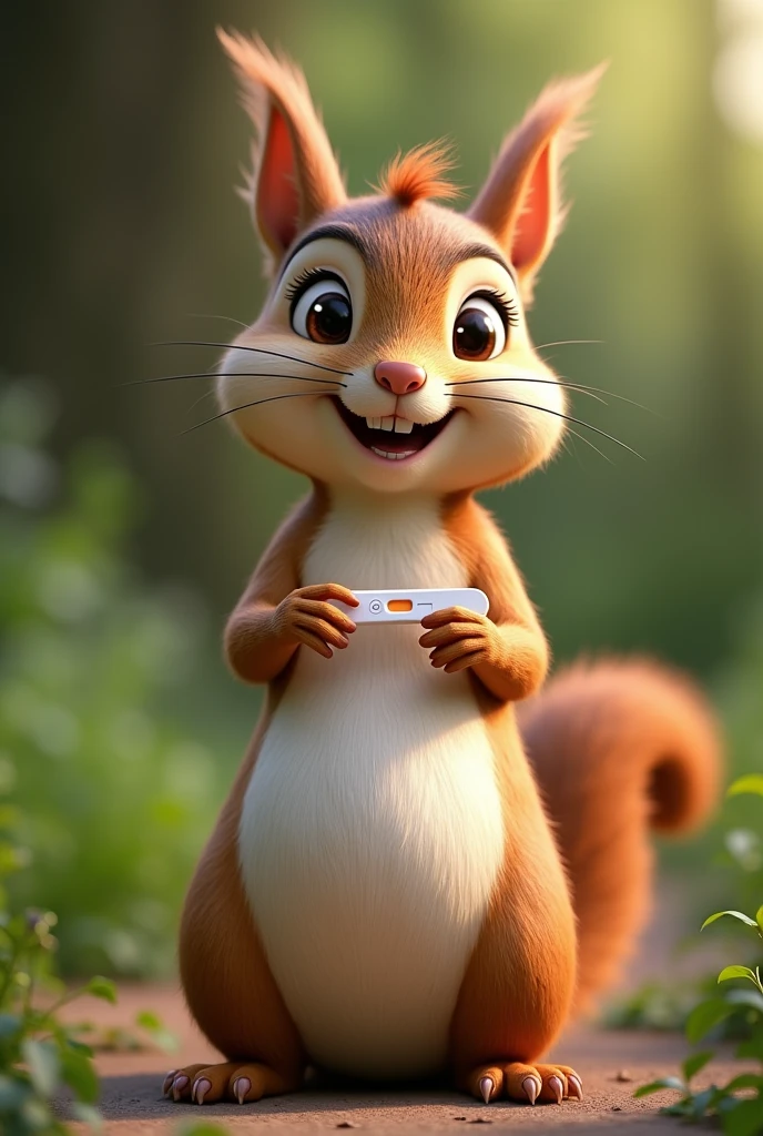 realistic squirrel with a bump and a positive pregnancy test in hand