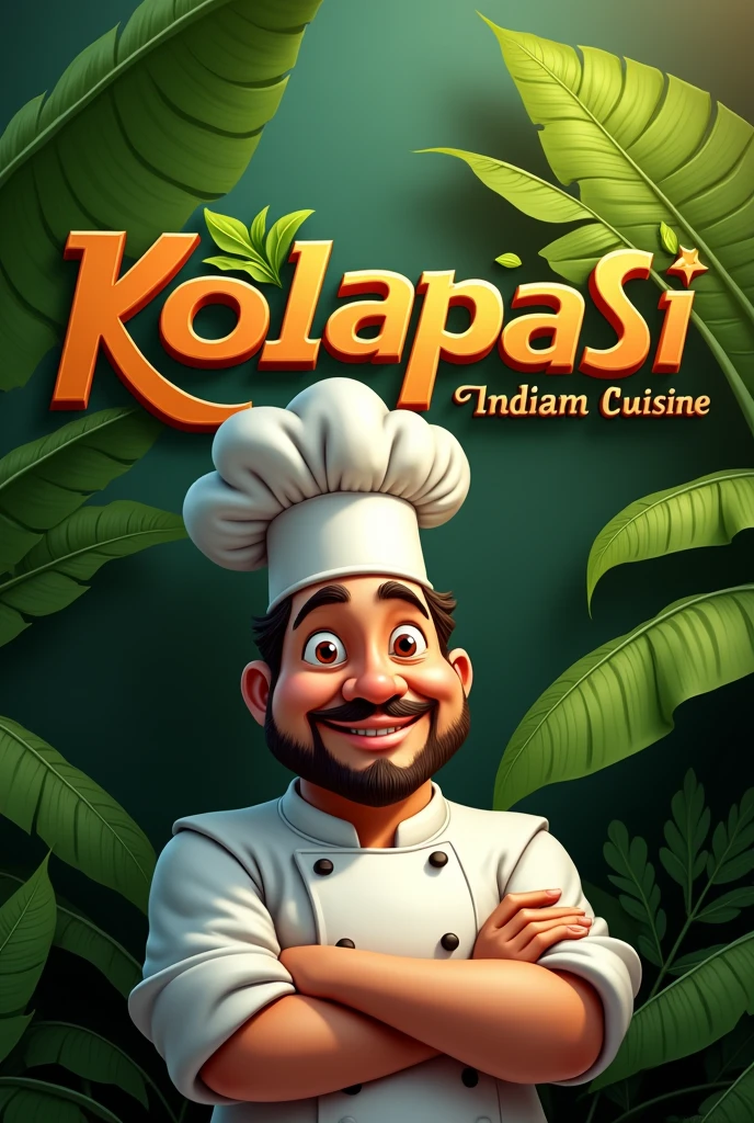 Nice Banana leaf background with a chef meme and the restaurant name Kolapasi Indian Cuisine in a welcoming manner