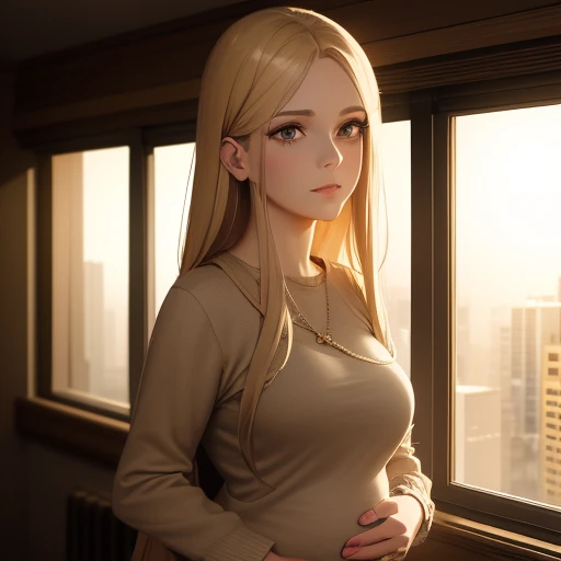 A pregnant woman in an elevator, wearing a beige sweater and jeans, long blonde hair, black eyes, serene expression, soft lighting, realistic, photorealistic, 8k, best quality, extremely detailed, hyper realistic, beautiful detailed eyes, beautiful detailed lips, extremely detailed face, long eyelashes, elegant hairstyle, natural skin texture, realistic folds in clothing, realistic lighting and shadows, warm color tones, cinematic composition, dramatic lighting, masterpiece