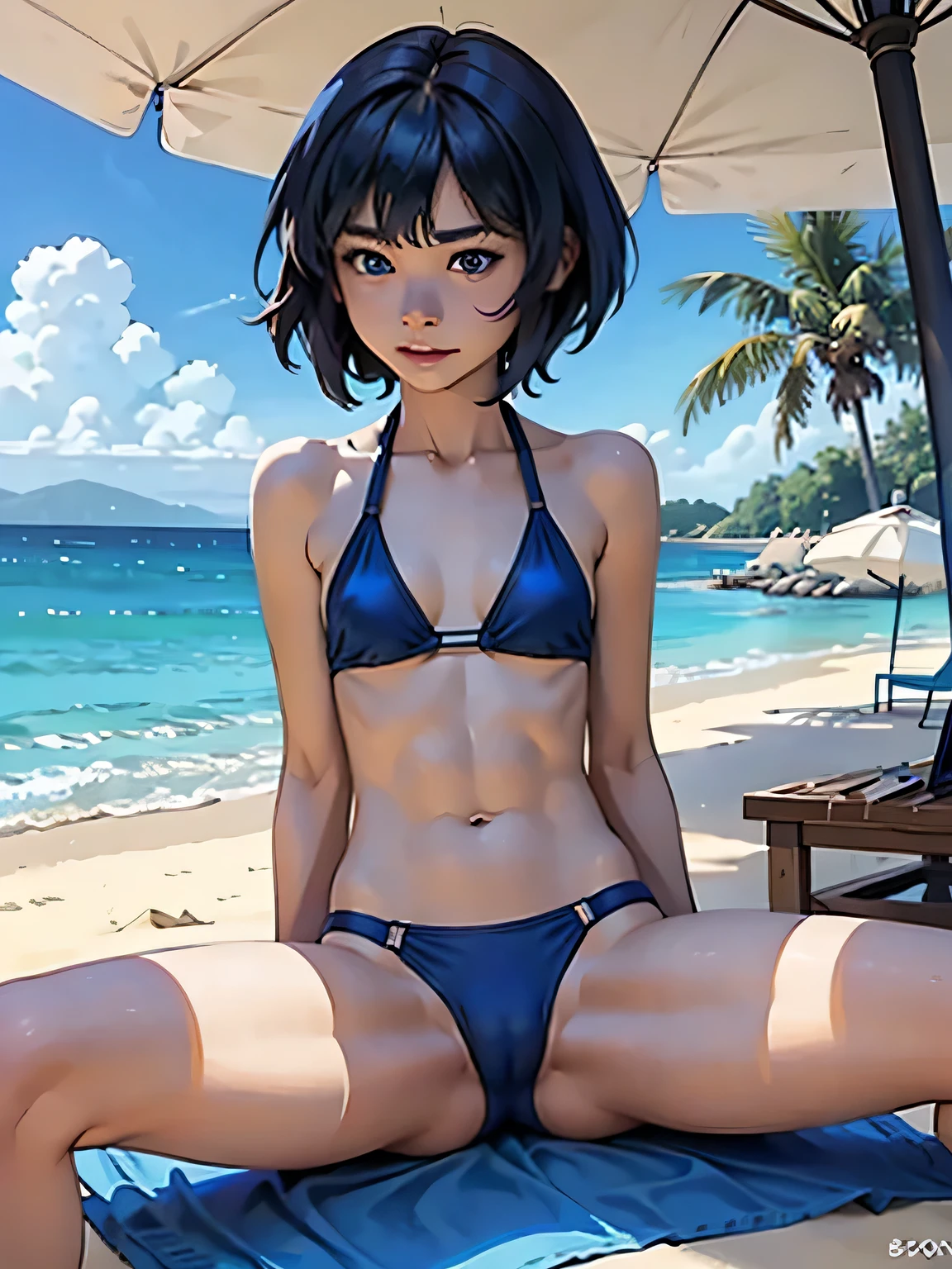 short hair. (skinny). (lapis lazuli). abs, beach. bikini. (cute girl). spread legs.