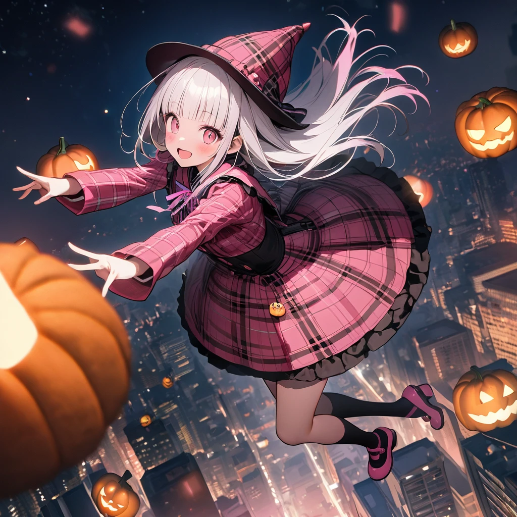 (8K, best quality, master piece: 1.2),ultra-high resolution,1 idol,solo,ultra-detailed face,detailed eyes,red eyes,mascara,blunt bangs,straight hair,Silver hair,long hair,zero gravity flight,flying,full body,tartan check Patterned Pink Halloween costume(Pink:1.5),tartan check Patterned Pink witch hat with Ribbon(Pink:1.5),knee-high socks,Pink mary janes(Pink:1.5),Sky blue ribbon tie,outstretched arms,looking at viewer,blush,happy,from side,Cinematic Lighting,(3 pumpkins are floating in the sky:1.2),(many lollipops are floating in the sky:1.2),(meny macarons are floating in the sky:1.2),night sky,over New York City residential area