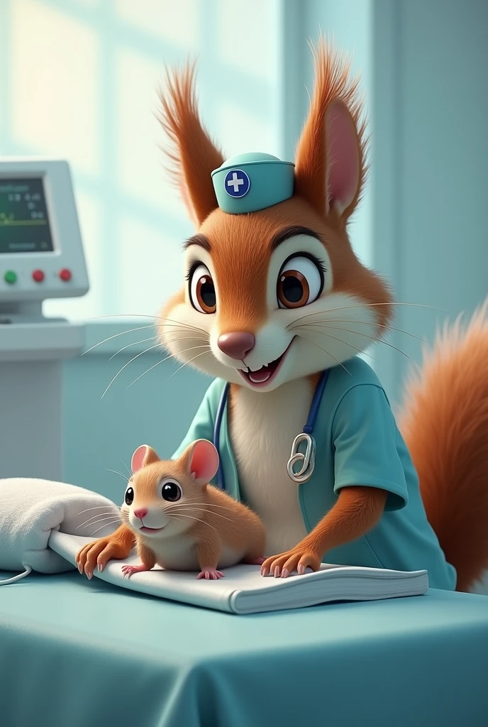 Realistic nurse squirrel treating a mouse with a wounded patient&#39;s body ,luxury hospital , Regards indeed, , High detail as real life
