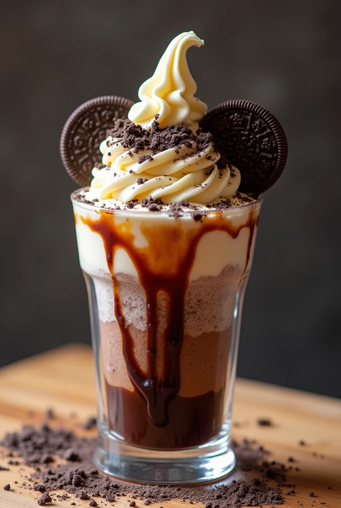 Chocolate and caramel shaved ice with oreo cookie pieces on top