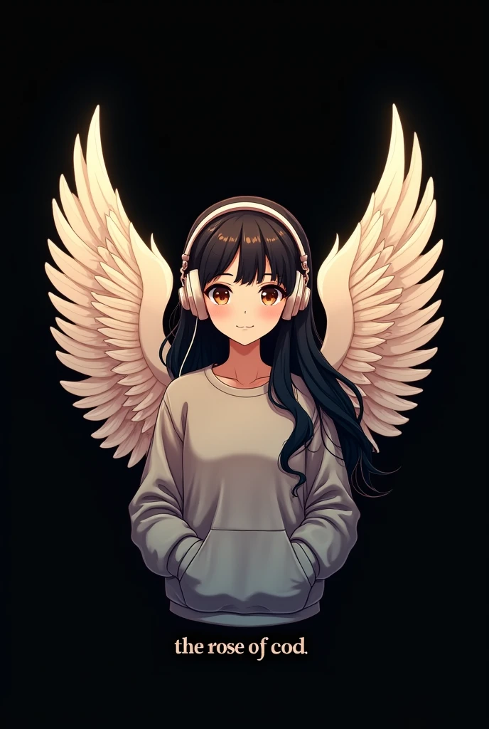 Create a logo where there is a girl with long black hair, brown eyes and a sweatshirt that has big, long angel wings and headphones., and below have the letters " THE ROSE OF COD " that the letters stand out very subtly and with the black background
