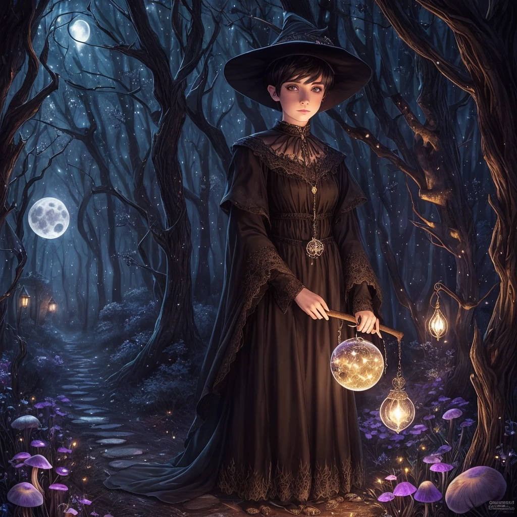 A beautiful witch with amber brown eyes, small slanted eyes, a small mouth, pale skin, a pixie cut shaved black hair, an eyebrow piercing, an ear piercing, gazing into a luminous crystal ball, in a nighttime forest, with an owl nearby, mushrooms scattered on the ground, a black cat, a starry sky with a waning moon, dark composition, dark illuminated, witch aesthetic, watercolor painting, intricate details, high quality, masterpiece, photorealistic, 8k resolution, ultra-detailed