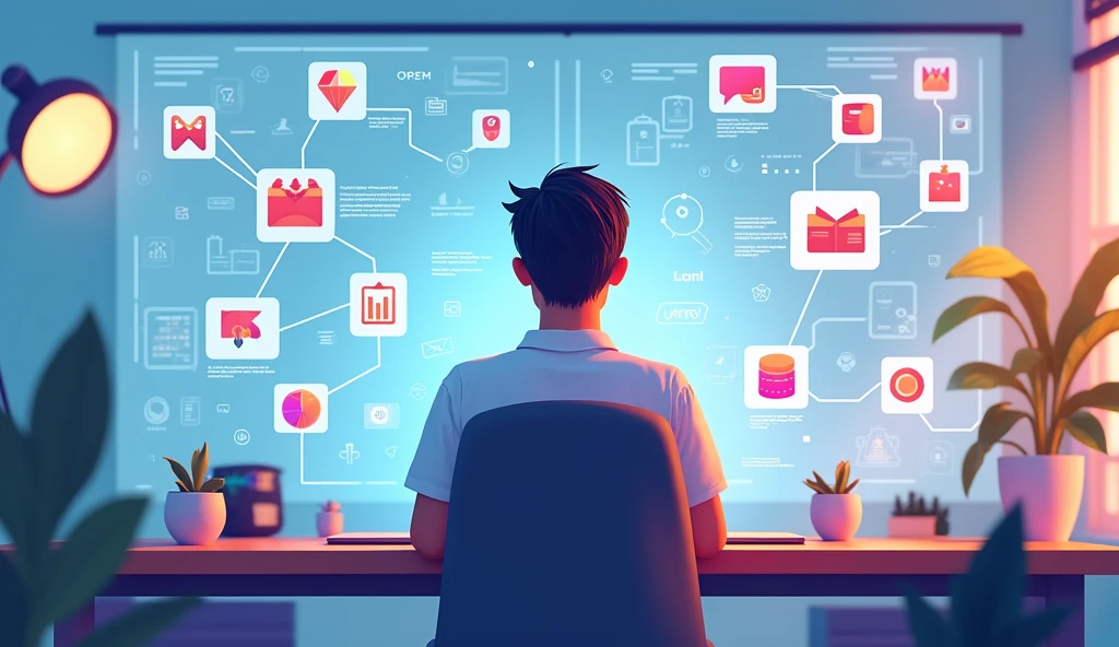 Image of a content creator exploring different revenue streams, with partnership icons, digital products and crowdfunding donations.