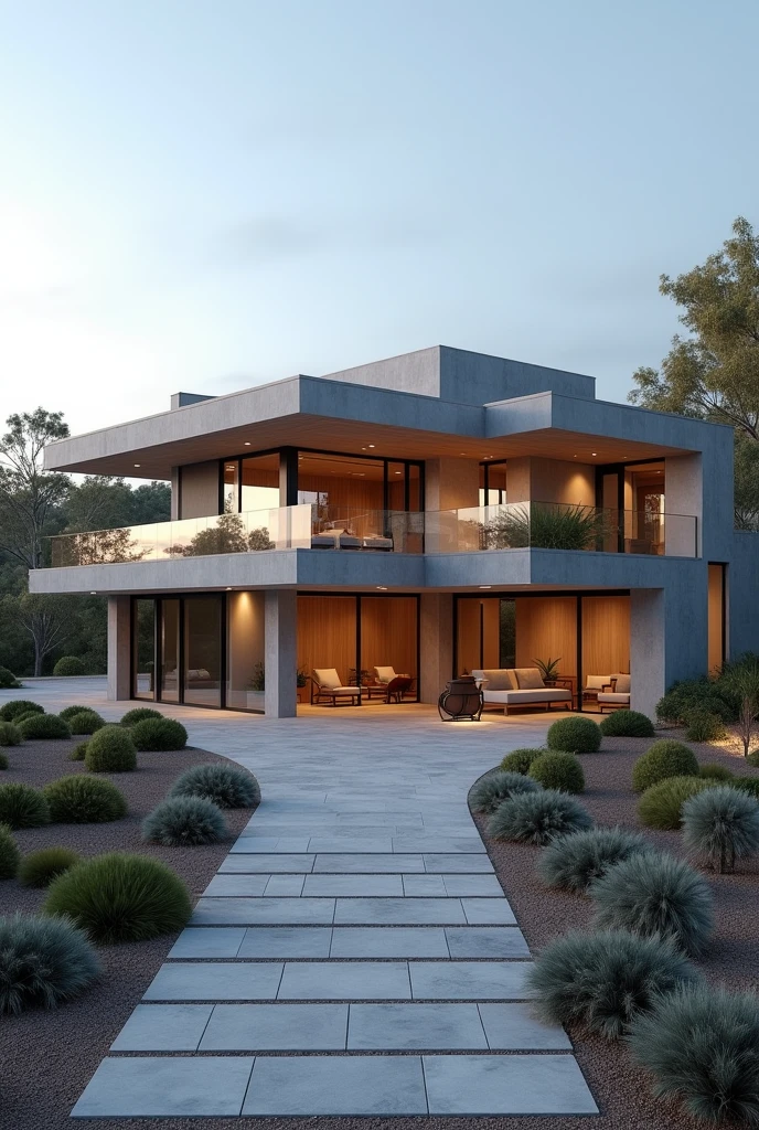 large luxury concrete house in a rural Western Australian coastal port city, coastal port city, luxury house, structurally stable, structurally sound, walled, stable ground, house has driveway, nearby highway, ultrarealistic, soft lighting, 8k