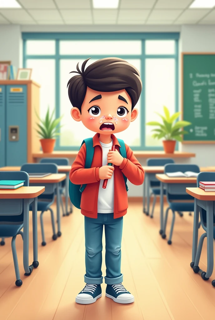 I am looking for an illustration of a student who is sick with the flu (cough and snot) a school environment Drawing style: Modern and vector, with smooth, clean lines, and vibrant colors. Cartoonish but realistic. Color: Using a palette of bright and contrasting colors that are pleasant and eye-catching. FORMAT: Illustrations arranged in a book or manual style. This illustration is intended for a guidance and training manual, so it must be clear, accessible and visually appealing."
