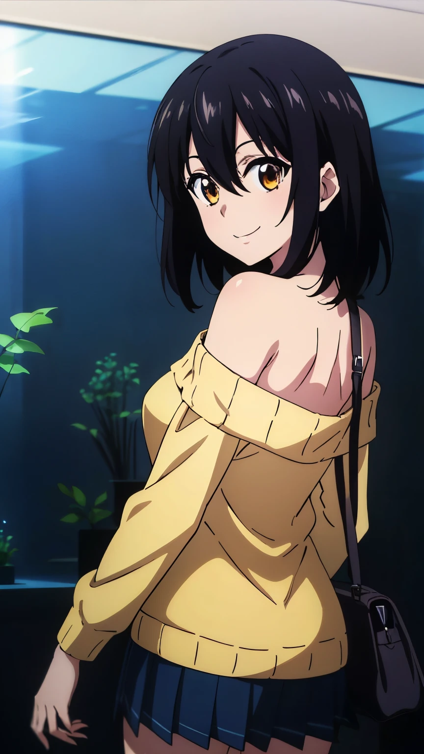 (highest quality, 8k, High resolution, masterpiece:1.2), Anime art style, Hyper Detail, himeragi yukina, Brown eye, Black Hair, Hair between the eyes, Medium Hair, 1 girl, Perfect Face, eye_Light_big,Small medium breast, Soft impression, alone, (long sleeve off-shoulder light yellow sweater, black halterneck camisole, (hand bag, shoulder strap), black pleated mini skirt, aquarium, from behind, smiling), Cowboy Shot, dutch angle, looking at viewer,