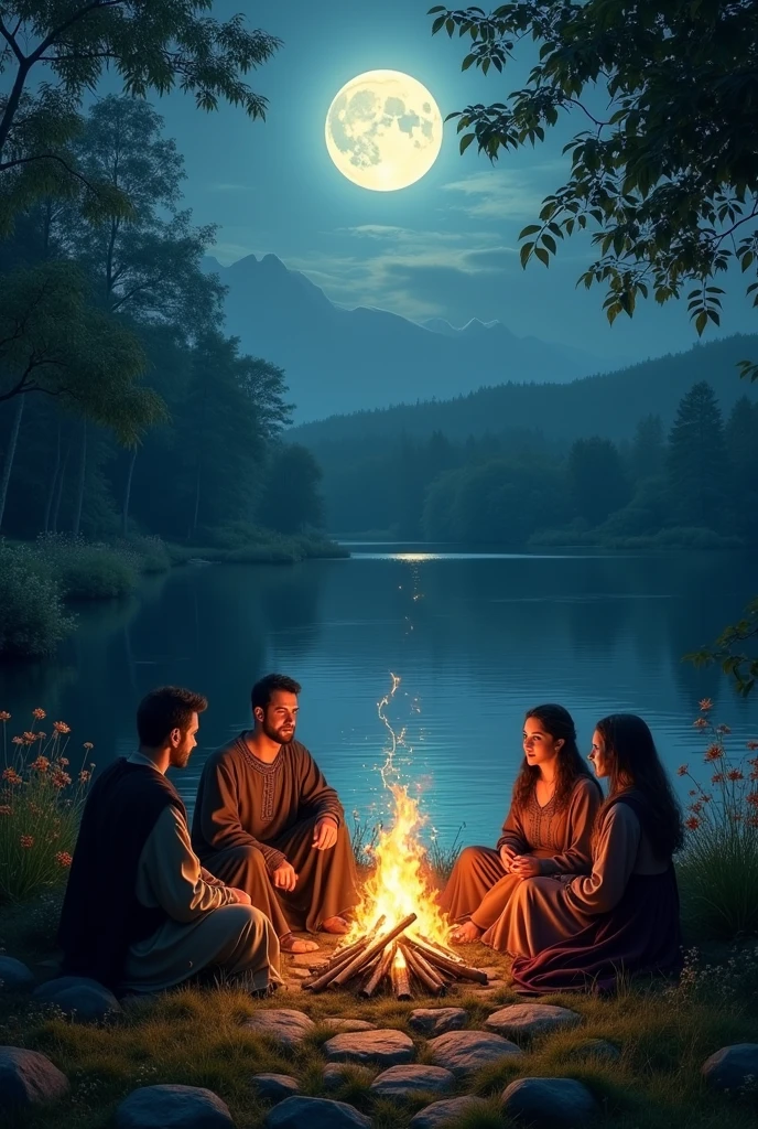 The full moon now illuminates the lake and the garden. 2 men and 2 women are sitting around a makeshift campfire, while the air is filled with the fragrance of night flowers. The atmosphere is intimate and full of mystery. medieval era