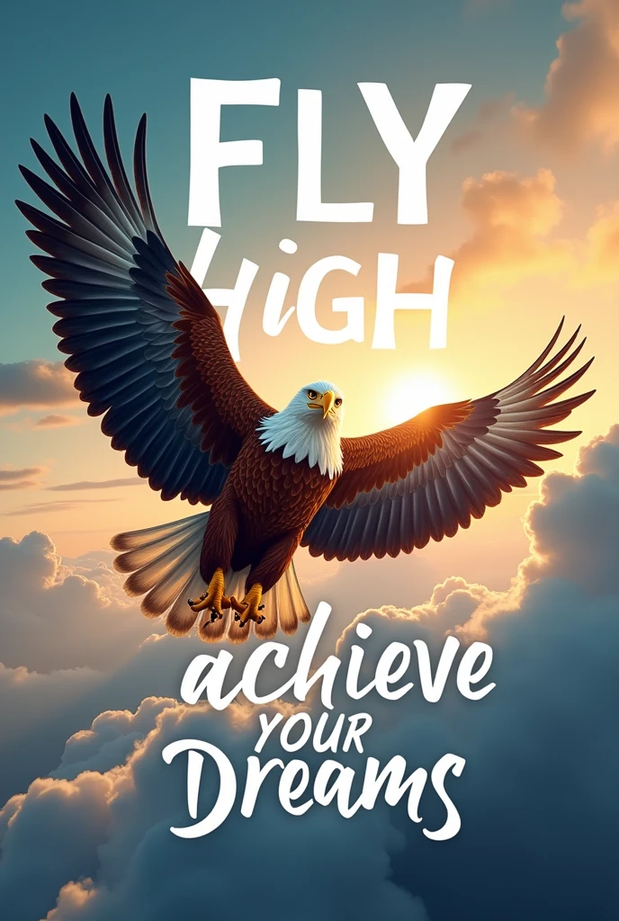 make a poster box image with the words "Fly High, Achieve Your Dreams" written on it with a sky and eagle in the background