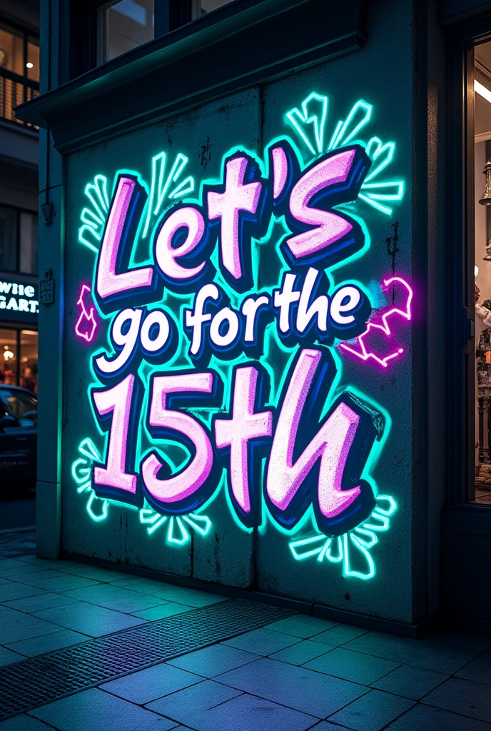 A graffiti that says Let's Go for the 15th,Neon colors, blue and green