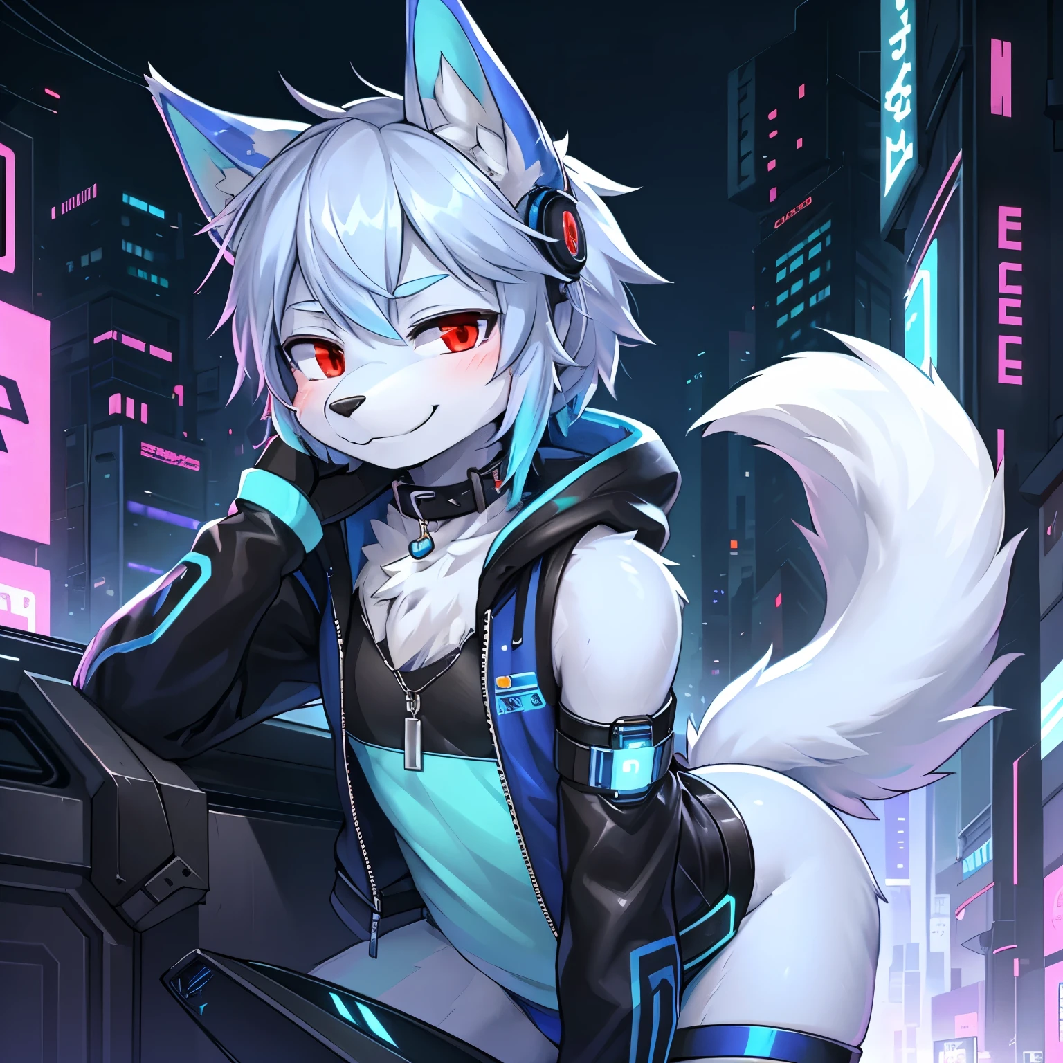 ((masterpiece, best quality)), (anthro furry:1.3, snout:1.2, anthro:1.3, furry:1.2, solo male:1.2, smug smile), Furry, kemono, furry wolf, anthropomorphic, male, silver fur, silver skin, red eyes, femboy, cyberpunk clothes, sexy clothes, revealing clothes, ((blue clothing)), collar, cyberpunk theme, uploaded on e621, Cyberpunk technology. cybernetics,