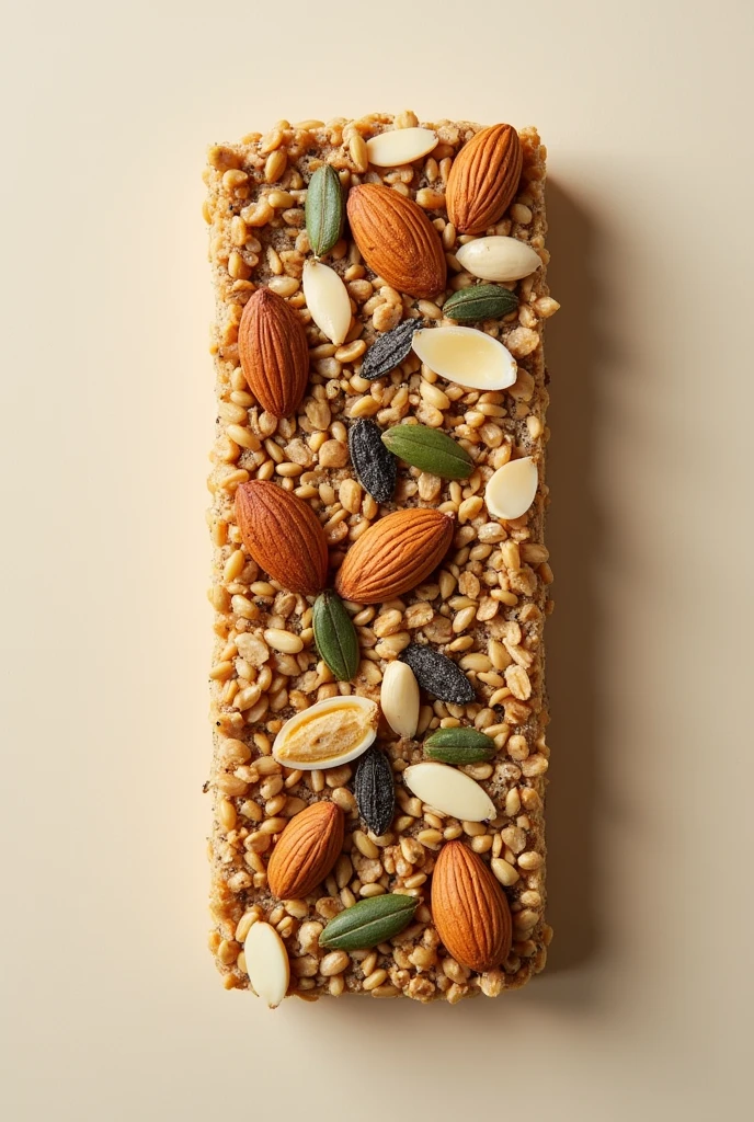 Create a bar that is made of nuts, almonds, pumpkin seeds, chia seeds, but that looks crushed, that is, ground more ground.
