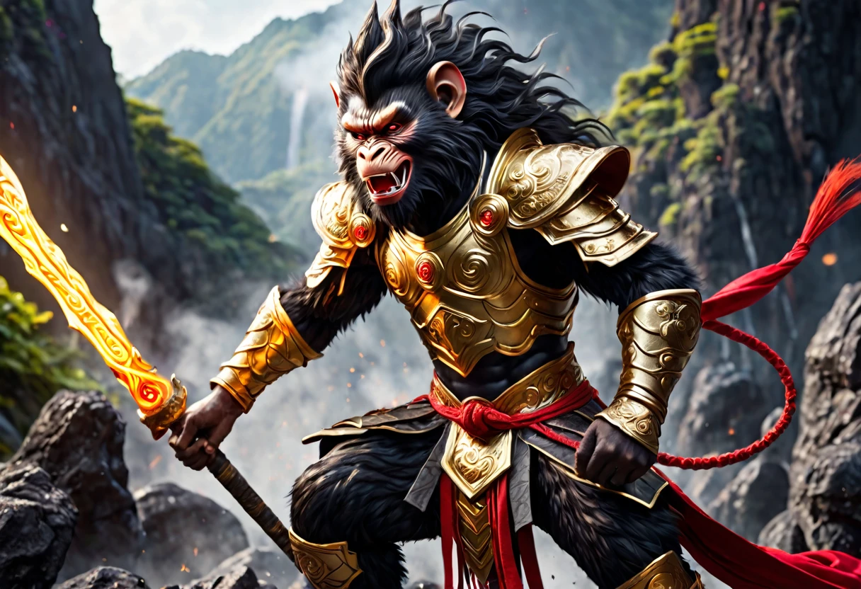 "Illustrate an hyper realistic side view of Sun Wukong (monkey king)in evil mode, enveloped in darkness. Red smoke emanates from his body, swirling around his joints, while his eyes glow a menacing red. The cracked earth beneath him enhances the foreboding atmosphere, highlighting his powerful and sinister presence."