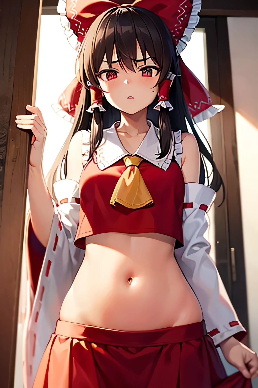 super fine illustration, vibrant colors, masterpiece, sharp focus, best quality, depth of field, cinematic lighting, ultra detailed, belly, belly button, bellybutton, navel, tummy, shrine maiden, hakurei reimu, 1girl, hair bow, ascot, hair tubes, detached sleeves, looking down, red shirt, red skirt, long skirt, very long hair, dark brown hair, mature woman, hakurei reimu, 1girl, hair bow, ascot, hair tubes, miko, detached sleeves, Reimu Hakurei, annoyed, indoors, chestnut mouth, parted lips, midriff, wide hips, stomach, ear_cleaner
