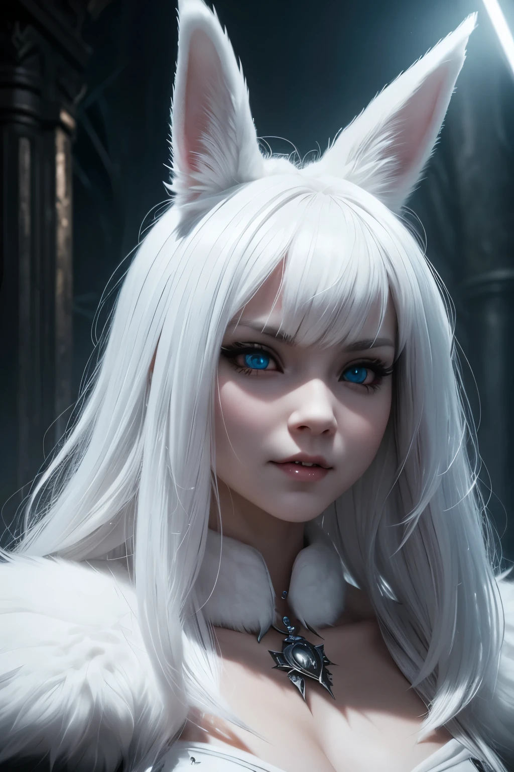 a cute but evil looking female white bunny, detailed bunny face, piercing eyes, sharp fangs, fluffy white fur, mischievous expression, detailed intricate patterns, fantasy, dark fantasy, digital art, highly detailed, 8k, photorealistic, cinematic lighting, dramatic shadows, moody atmosphere