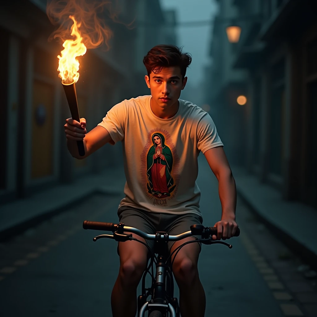 image 16.9 of young man on bicycle with torch in hand wearing Virgin Mary T-shirt