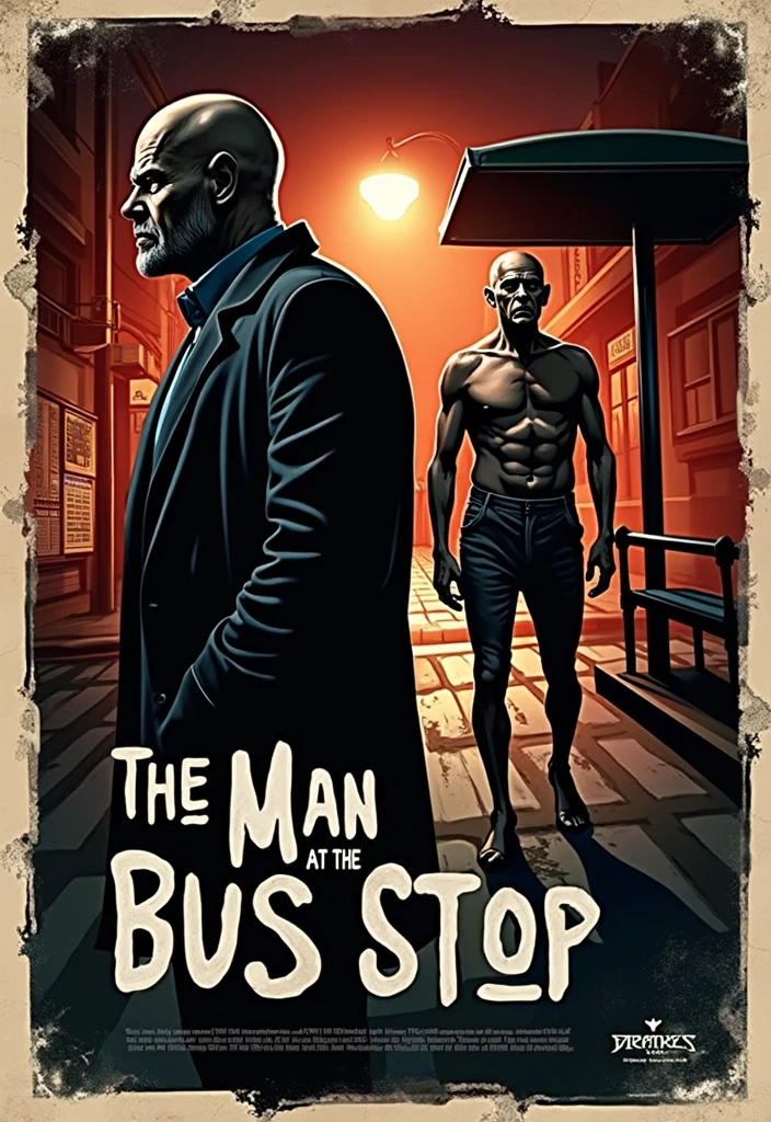 Create vintage poster style art, old movie posters, for the horror story, The Man at the Bus Stop, by the author Thiago Lopes, which tells the story of a bitter, bald bar owner who meets a naked old man at night and discovers that this man is waiting for the bus that will take him to hell.