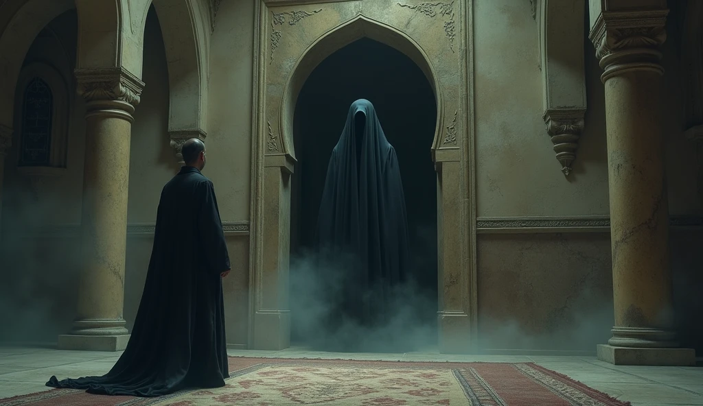 (Horror story title : Night behind the door of the old mosque)
Scene 7: Mysterious Figure at the Door**
- Picture of Hasan looking towards the mosque door after finishing prayers, and saw a tall figure in a black robe with a covered face standing there.
- The figure looks silent, but his presence brought a piercing cold.