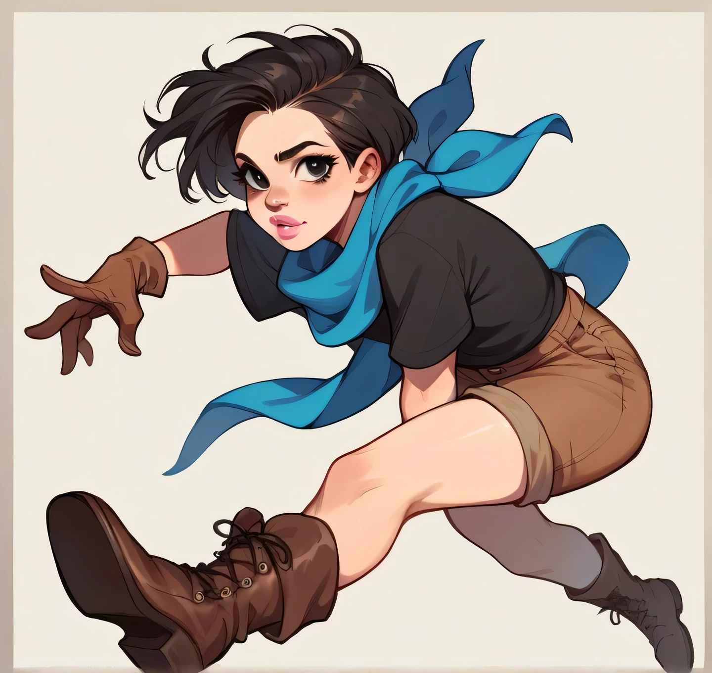 Woman with a black t-shirt and a light blue scarf around her neck, colored and brown gloves, brown shorts, and brown boots, short black hair, black eyes, and pink lips.