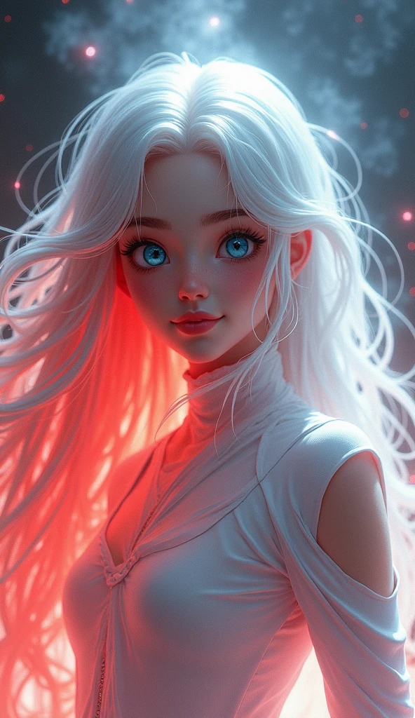 1 girl, beautiful illustration, Best Quality, beautiful ager, (transformation sequence), transform magical girl, white magical girl, fractal art, half white hair, baby face, pure white and red mesh long hair, Beautiful detailed blue eyes, cinematic lighting, cowboy shot, looking at the viewer, from the bottom, happy
