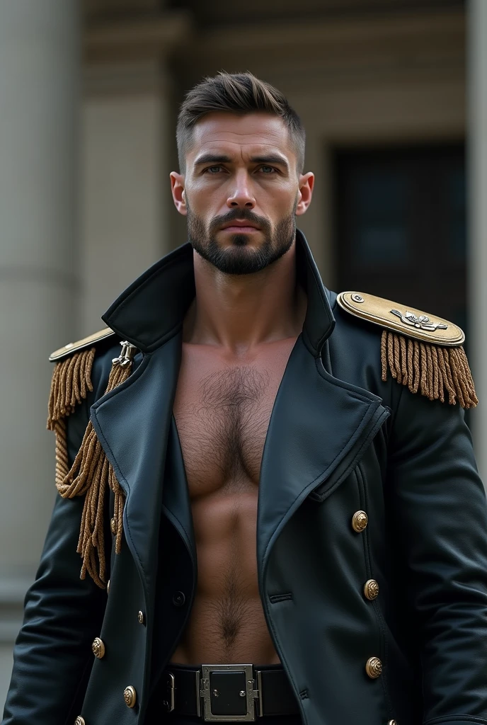 (Best quality at best,Photorealistic) big huge pecs,(dark,feels) Young person, One guy,detailed black eyes, French-German man in uniform standing in front of building, in full military garb, in a soldier uniform, Inspired by Zhang Sengyao, in a soldier uniform, Court Costume Akira, in a soldier uniform, Imperial team, in a soldier uniform, Wearing imperial equipment, Wearing a soldier's uniform, Inspired by Oka Yasuyu, Italian man wearing old samurai uniform,,。dark skin., ((Very relaxed and lazy look!)), ((Unintentionally exposing chest muscles))Handsome male, Handsome chad chin, Handsome and attractive, Handsome and elegant, Handsome man, Sexy masculine, masculine and Handsome, , Handsome, Attractive posing, attractive male, Attractive man,40-year-old man!Lift your little head,Kominan wearing an army coat(closeup portrait!))showing off his hairy pecs。(Show hairy chest muscles),),(Use a short beard collar),Wear a military uniform and wear one without buttons!Show hairy chest muscles),),(Use a short beard collar,)headspace!Charming and serious look,(Handsome man,sitting down,poorly dressed,Perfect body anatomy,Beautiful man face detail,perfect foot,perfect hand!Ultra-low angle shooting!!