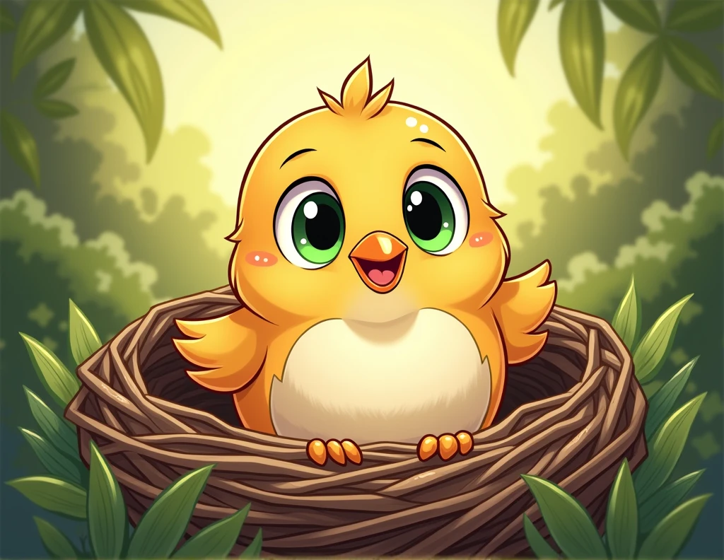 cartoon comic illustration of a small bird in a nest, he has fluffy feathers and bright green eyes. funny, colorful, no words, no quotes, in the art style of cartoonist Bil Keane