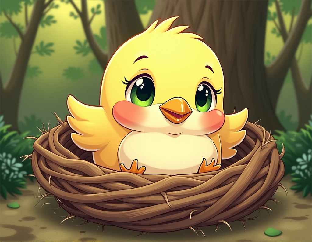 cartoon comic illustration of a small bird in a nest, he has fluffy feathers and bright green eyes. funny, colorful, no words, no quotes, in the art style of cartoonist Bil Keane