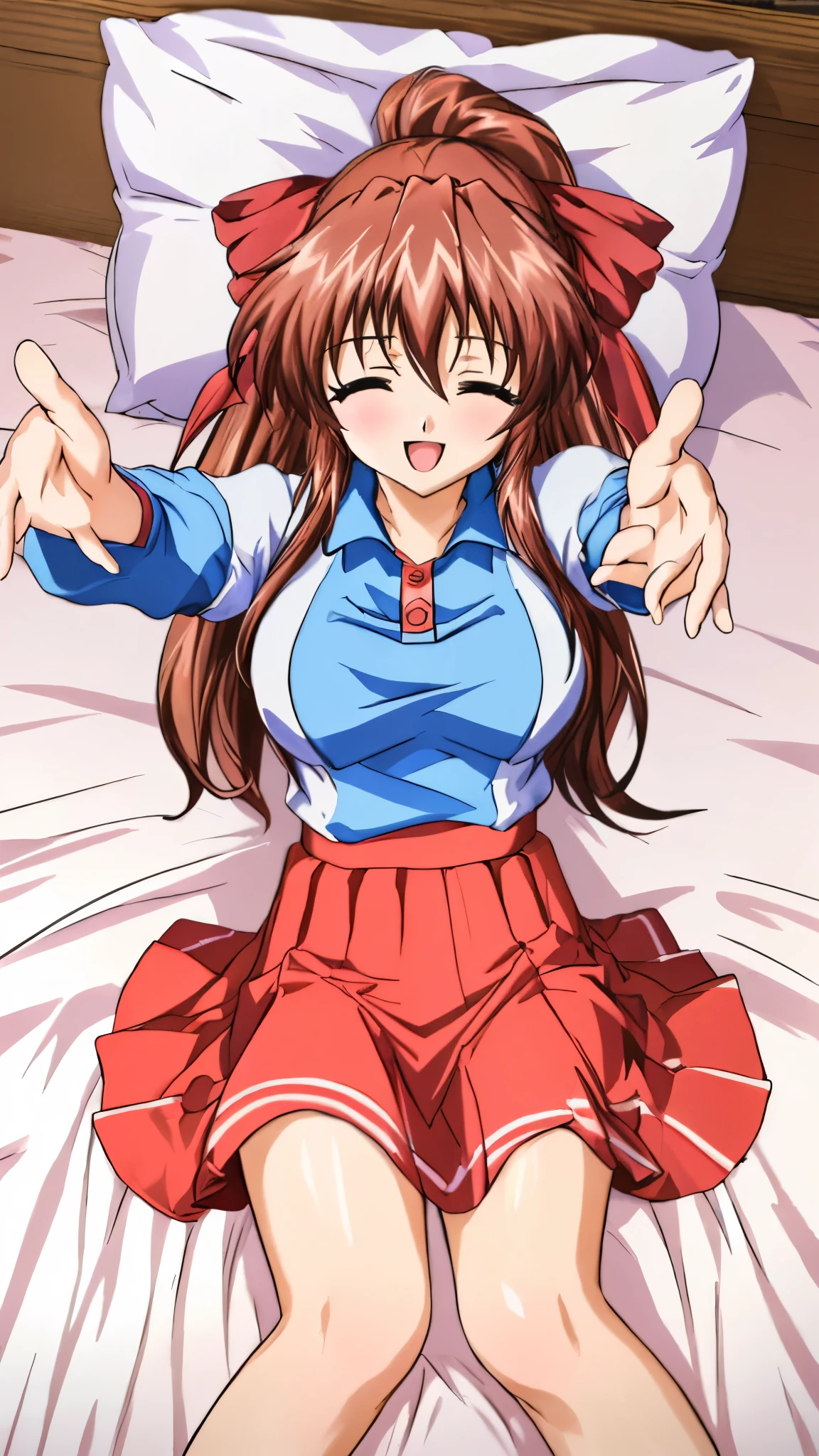 (Anime artwork, Anime Style, Studio Anime, Very detailed, up to date,、 Vibrant, Anime Coloring Book, High Contrast, masterpiece:1.3, Highest quality, Best aesthetics), (Beautiful and detailed:1.2), Aoi Tennis, 1girl, Hair Ribbon, Tennis uniform, Polo shirt, Raglan sleeves, Pleated skirt, Red Skirt,(((lie down on the bed:1.3), (Cute Smile Open your mouth, open your eyes, incoming hug:1.2, reaching towards viewer:1.2,Two Arms))), From above, No pants, pink panties, Skirt Lift,