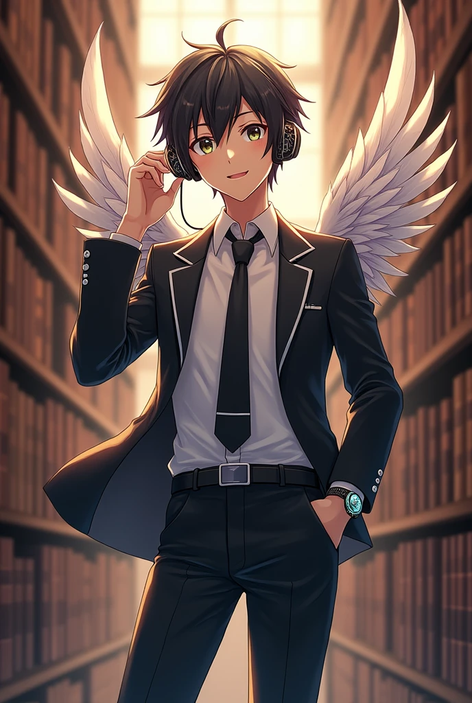 Make make a anime boy student and headphone at a book add wings at a jacket at a smartwatch