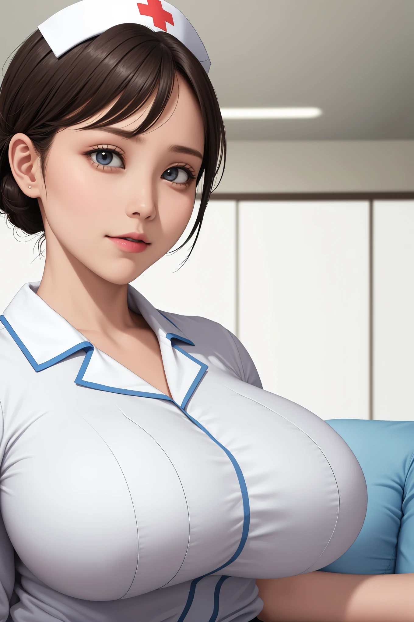  , (Highest quality), Big Head, (1 with gigantic breasts:1.2) Wearing a nurse blouse at the hospital