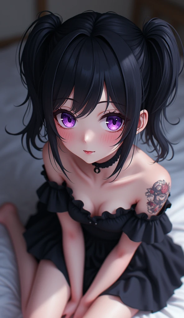 masterpiece,(best quality,top quality,8k),painting,(anime_style),detailed eyes and face,(1girl), purple eyes, black hair, messy hair, (short twintails:1.2), hair between eyes, goth, gothic,(tatto:1.2), (black dress),(soft smile), pretty girl, beauty skin, ultra high res, raw photo , detailed body ,(puffy eyes) ,good contrast , high sharpness,(gorgeous),realistic,RAW Photography,(hyperdetailed:1.2),bed