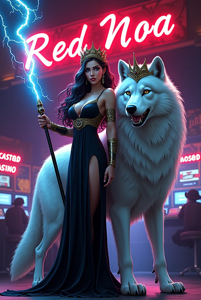 A captivating illustration of a beautiful woman with her long hair with an empowered look accompanied by a majestic Wolf with a crown, standing in a casino environment. She is dressed in her black dress, complete with lightning bolt and scepter. The wolf next to him is majestic and powerful, with a respectful look. The neon sign above them says "RED NOA" and there is a sign below that says "YOUR TRUSTED CASINO." The atmosphere is a mix of ancient mythology and modern technology.