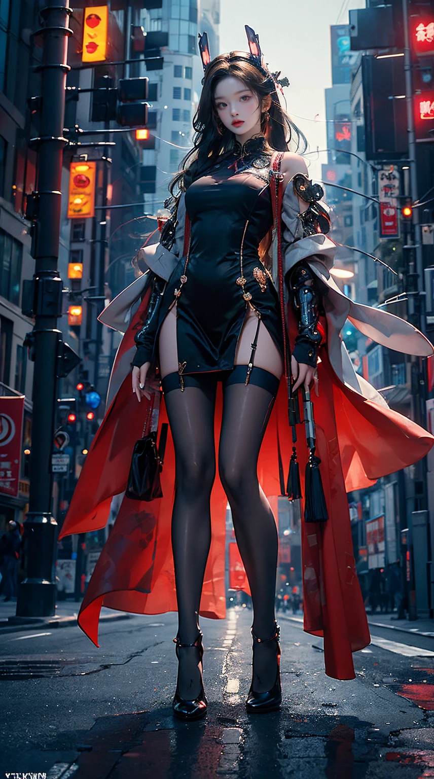 Masterpiece, best quality, high resolution, one woman, from below, very thin and straight legs, very long legs, straight legs, high heels, long legs, perfect body with perfect legs, front view showing long legs, perfect body, exterior, telegraph slang, dynamic pose, exquisite eyes, brown eyes, eye shadow, wearing makeup, long blonde hair, detailed face, detailed eyes, looking at viewer, blusher (wearing makeup), plump lips, red lips, long gray hair (1.3), mechanically static, summon mech, headdress (1.1), headgear, dressed like a student in , black lace stockings, stocking suspenders, city, luminous winding, with a gun in hand, weapon, completely mechanical and futuristic elements, technology, background is modern New York City streets with cars passing by, sky, slim (1.2), dramatic lighting, vivid details.