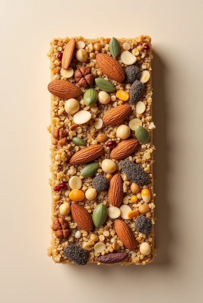 Create a bar that is made of nuts, almonds, pumpkin seeds, chia seeds, but that looks crushed, that is, very ground.