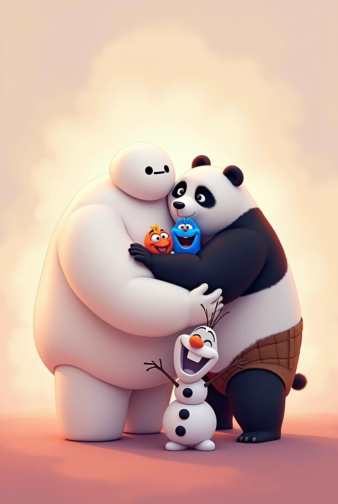 one baymax, a dory, An Olaf and a Po from Kung Fu Panda hugging each other