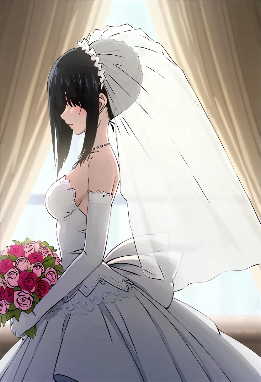 tokisaki kurumi,((masterpiece)),(((best quality))),((ultra-detailed)),((illustration)),((disheveled hair)),((frills)),(1 girl),(solo),
1girl, bouquet, bridal veil, curtains, dress, elbow gloves, flower, gloves, solo, veil, wedding dress,profile,from side,full shot,Rating:safe,