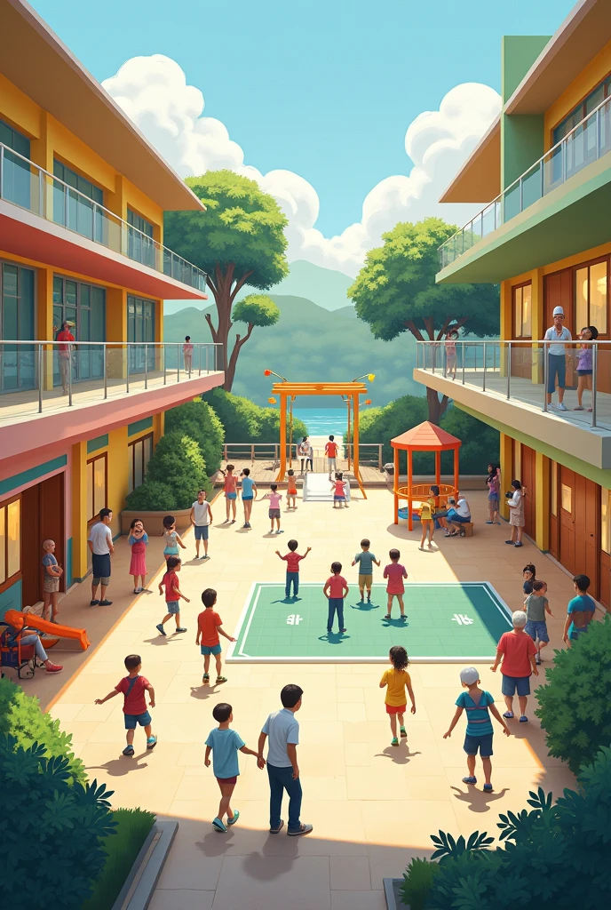 Fitness and recreational space for children and seniors of 40x40 meters in a realistic single-story facility