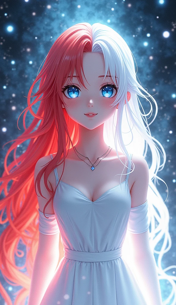 1 girl, beautiful illustration, Best Quality, beautiful teenager, (transformation sequence), transform magical girl, white magical girl, fractal art, by white,  pure white and red mesh long hair, Beautiful detailed blue eyes, cinematic lighting, cowboy shot, looking at the viewer, from the bottom, happy