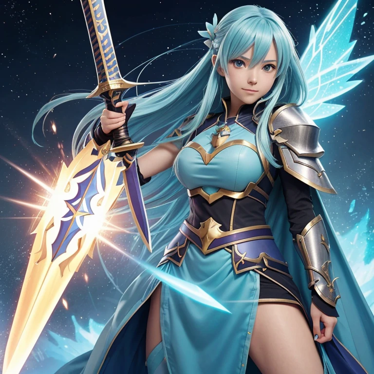 Close-up of a woman holding a sword in her hand, Concept art inspired by Shida Li, pixiv Contest Winner, What it is？, Aqua from Konosuba, Zodiac Knight Girl, Katana Zero video game characters, portrait Zodiac Knight Girl, Ayaka Genshin Impact, Full body fairy, Lucina from Fire Emblem