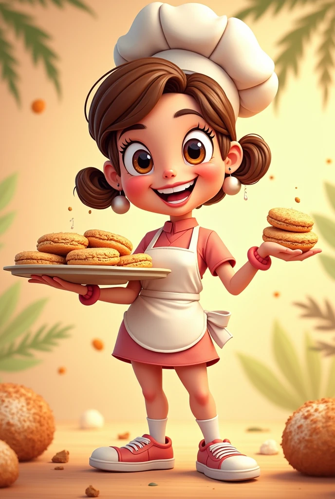 Make me a mascot that i can print out about coconut macaroons make it a woman holding the coconut macaroons make it like a cartoon make it so i can see the full body and hair