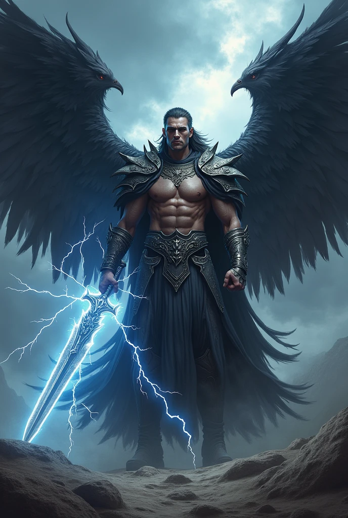 A warrior with black wings and a sword with lightning bolts
